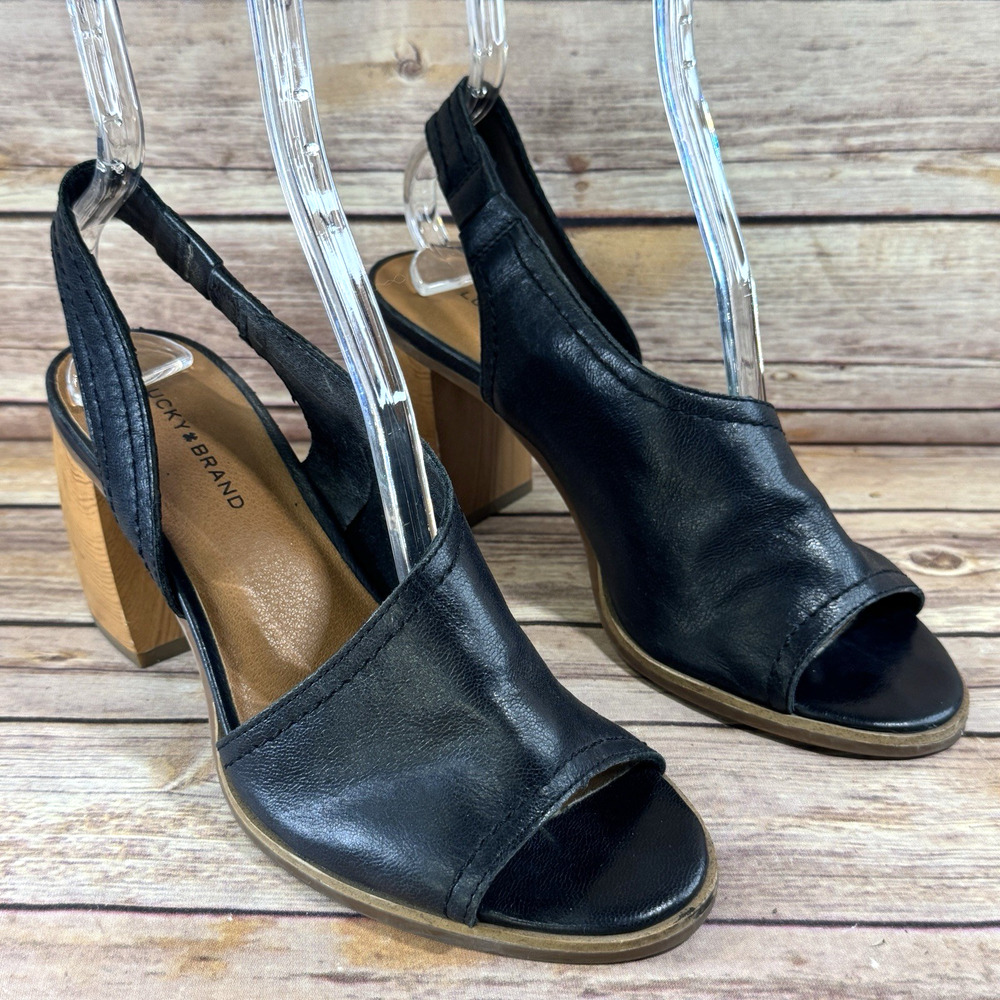 Lucky Brand Womens Black Leather Slingback Chunky Wood Heel Xina Sandals 8M